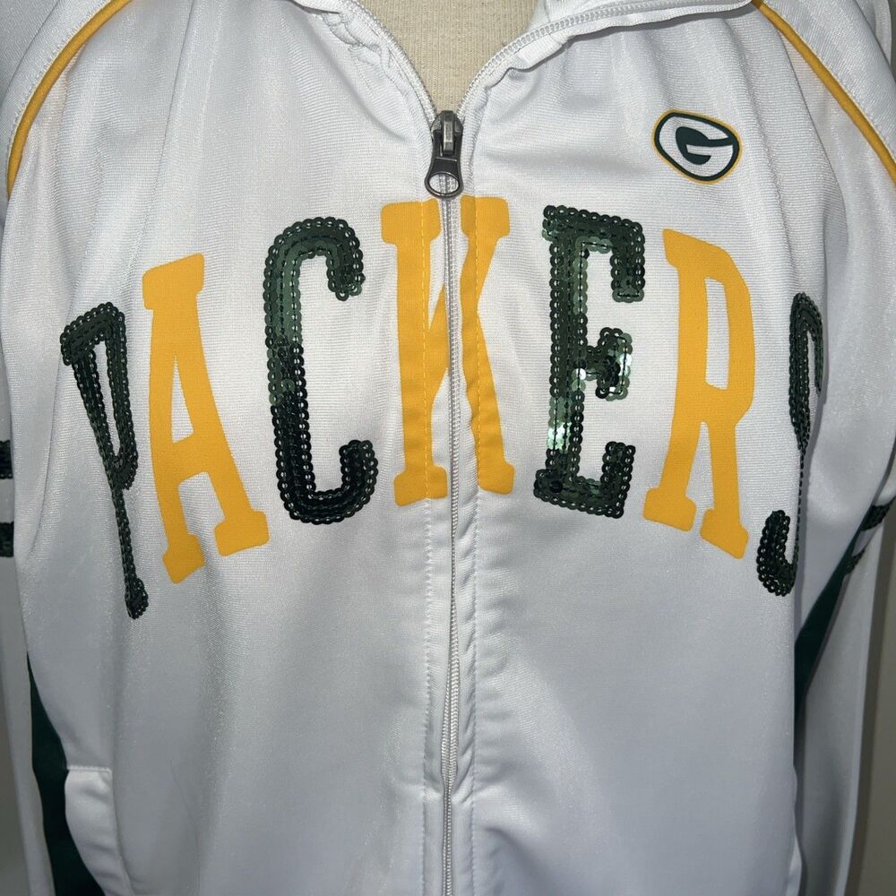 Green Bay Packer Woman’s White Zip-up‎ Sweatshirt Size XXL with Sequins